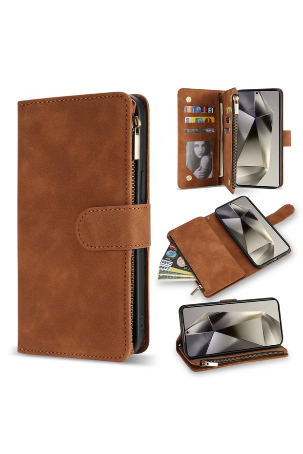 Galaxy S23 Case & Strap Brown Wallet Multi-card Zipper Kickstand Magnetic Flip Leather Case For Sams
