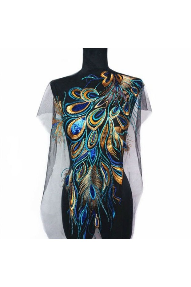 Blue Red Blue Sequin Embroidered Phoenix Peacock Feather Black Mesh Wedding Gown Applique Lace Trim