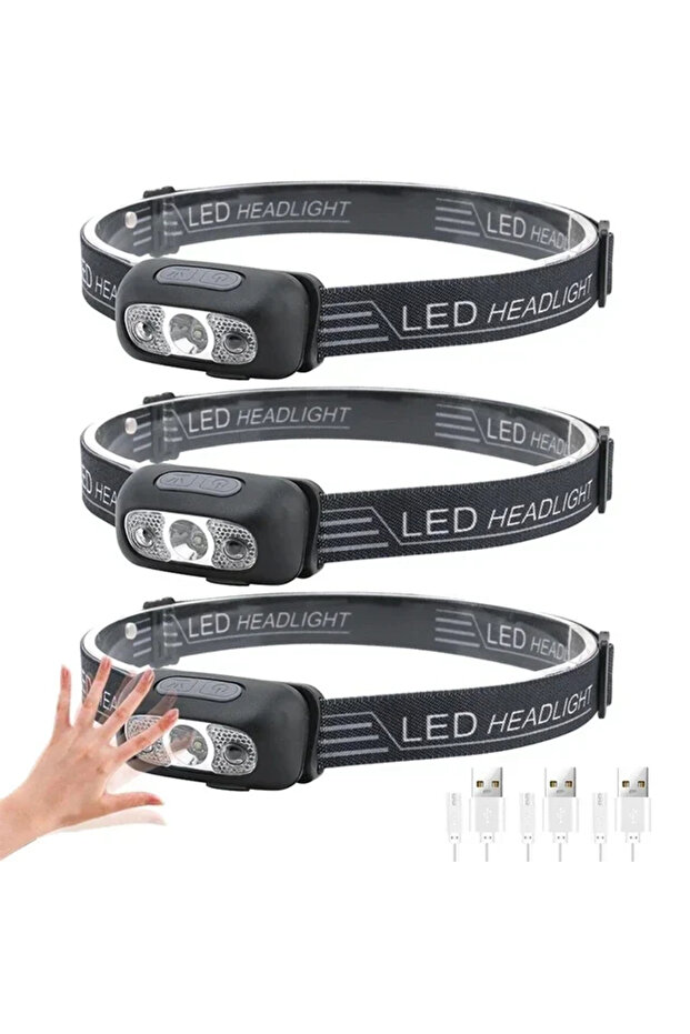 3 قطع من مصابيح الرأس القوية المحمولة بمستشعر LED ومصباح أمامي قابل لإعادة الشحن عبر USB ومصباح يدوي للكاميرا الخارجية