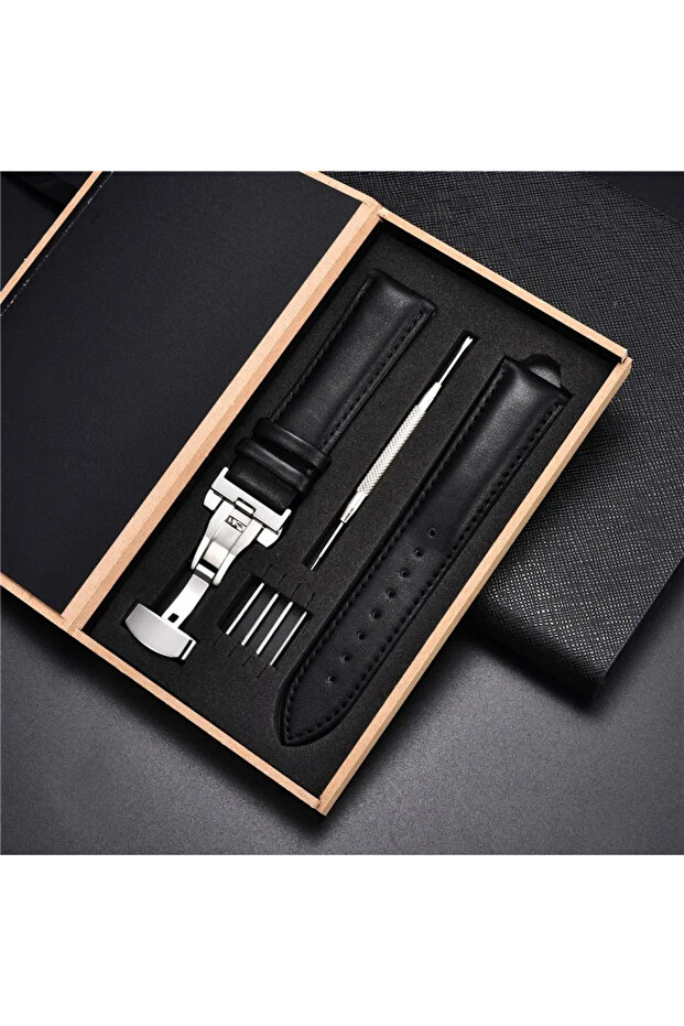 20mm Black-S Genuine Leather Watchband 18mm 20 22 24mm Watch Strap Automatic Butterfly Buckle Men's