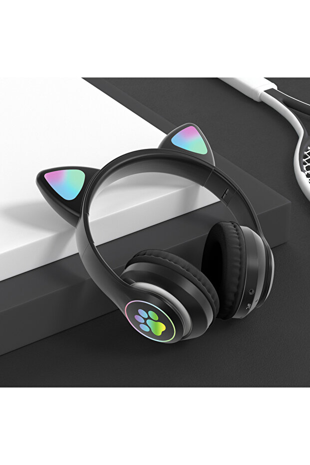 black STN28 Cute Cat Ear Bluetooth Headset with LED Wireless Headset Children Girls Stereo Folding S