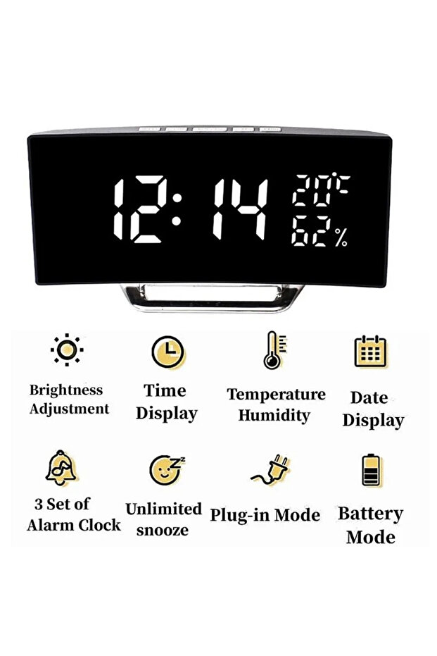White Temp Humidity Mirror Digital Alarm Clock Temperature Date 2 Levels of Brightness Adjustment Sn