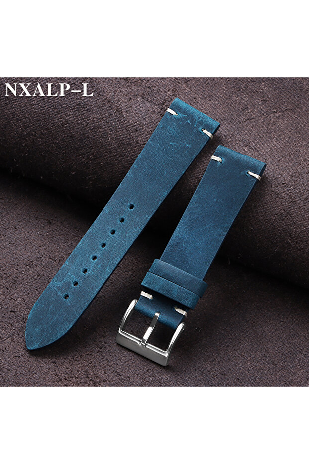 18mm Blue Vintage Oil Wax Leather Watch Band 18mm 20mm 21mm 22mm Handmade Stitching Cowhide Strap fo