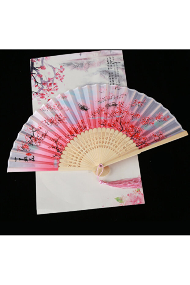 peach blossom Retro Style Folding Fan Female Japanese Pattern Retro Cloth Art Craft Gift Home Decora