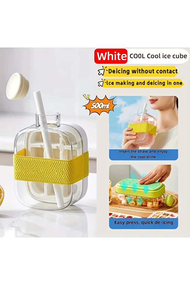 1 PCS White 500ML Large Capacity Ice Cube Maker Water Bottle Silicone Tray with Straw for Juice Beve