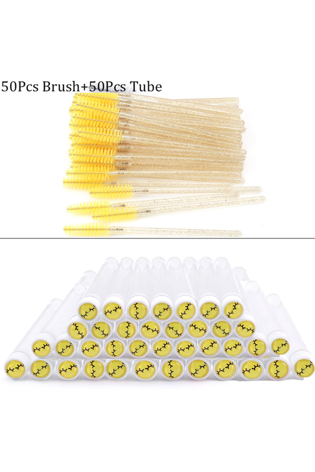 Yellow 50tube50brush 100pcs Eyelash Brush Tubes Disposable Eyelash Brush Reusable Crystal Lash Brush