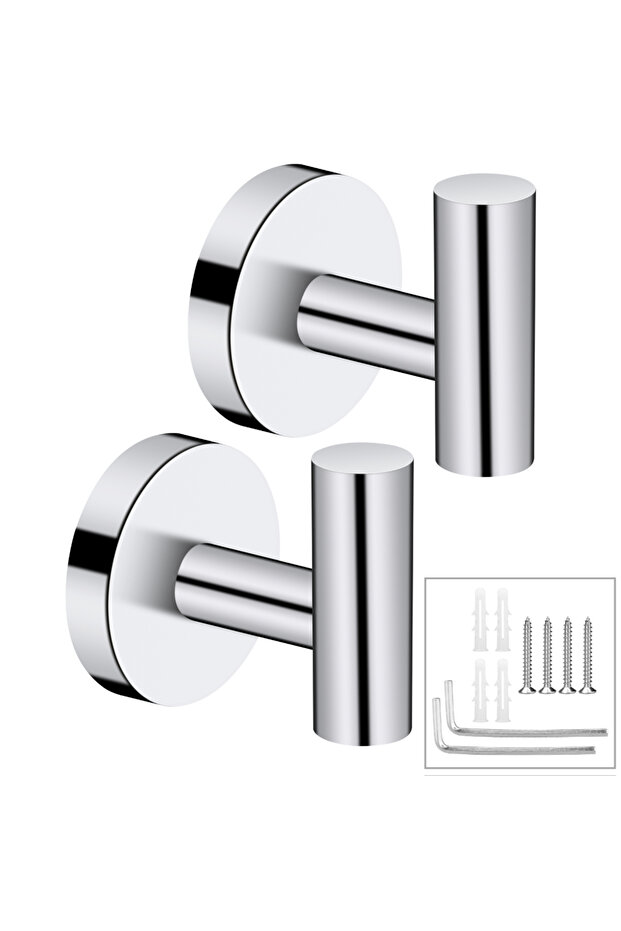2PC Slivery 2Pcs Bathroom Towel Hooks with Screws Coat Robe Hook Stainless Steel Door Hanger Hotel B