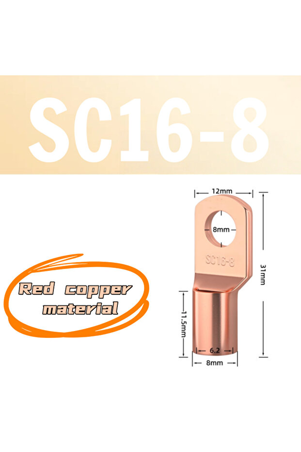 SC16-8 20PCS 5-20Pcs 4-70mm2 SC4 SC6 SC10 SC16 SC25 SC35 SC50-95 Tinned Copper Wire Nose Terminal Cr
