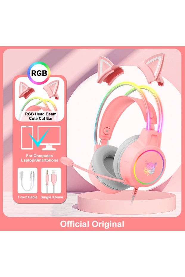 Pink with Ear ONIKUMA RGB Gaming Headphones with HD Flexible Mic 3.5mm Gaming Headsets For PC Xbox P