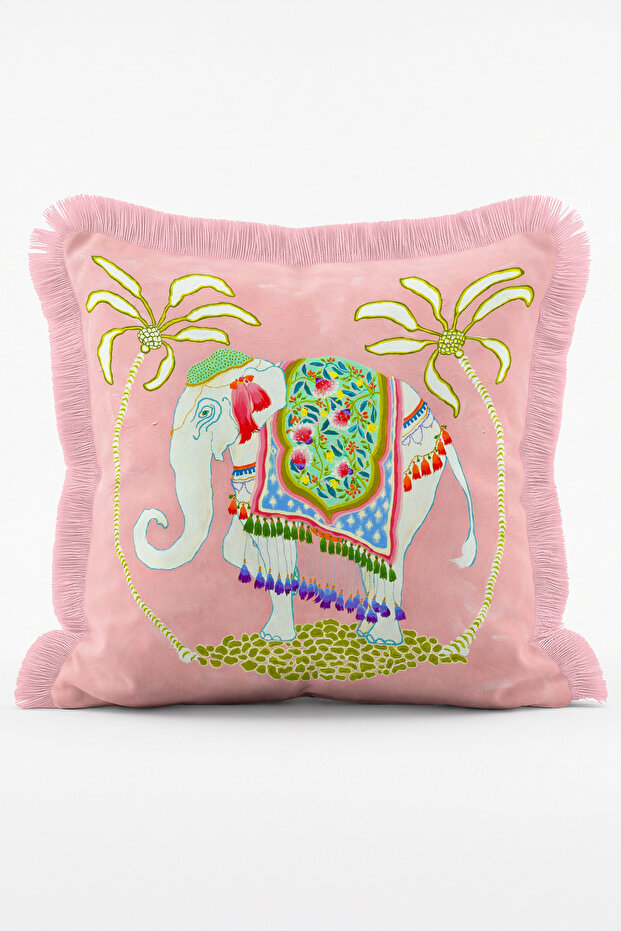 Elephant Patterned Fringed Cushion Cover - Palm Tree Detail on Pink Background with Tassels