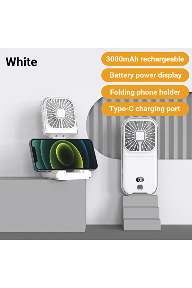 WHITE 3000mAh Battery Handheld Outdoor Small Fan Portable Small Halterneck Adjustable Speeds Foldabl