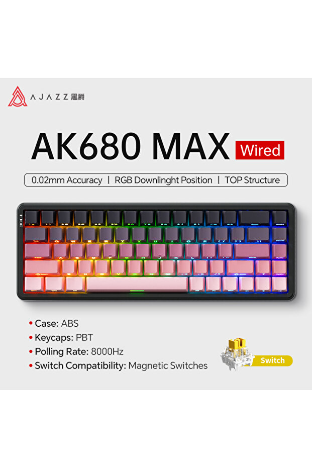 لوحة مفاتيح ميكانيكية PINK BLACK AK680 MAX بمفاتيح مغناطيسية HE 60% 8k/1K RGB سلكية/لاسلكية