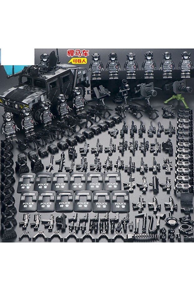 1 car with 12 people Special forces figures ghost swat soldiers assembling building blocks explosio