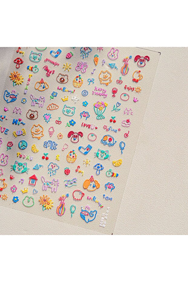 1pcs Cute Graffiti Nails Sticker 3D Simple Cat Claw Rabbit Bear Dog Flower Lovely Animal Fruit Adhes