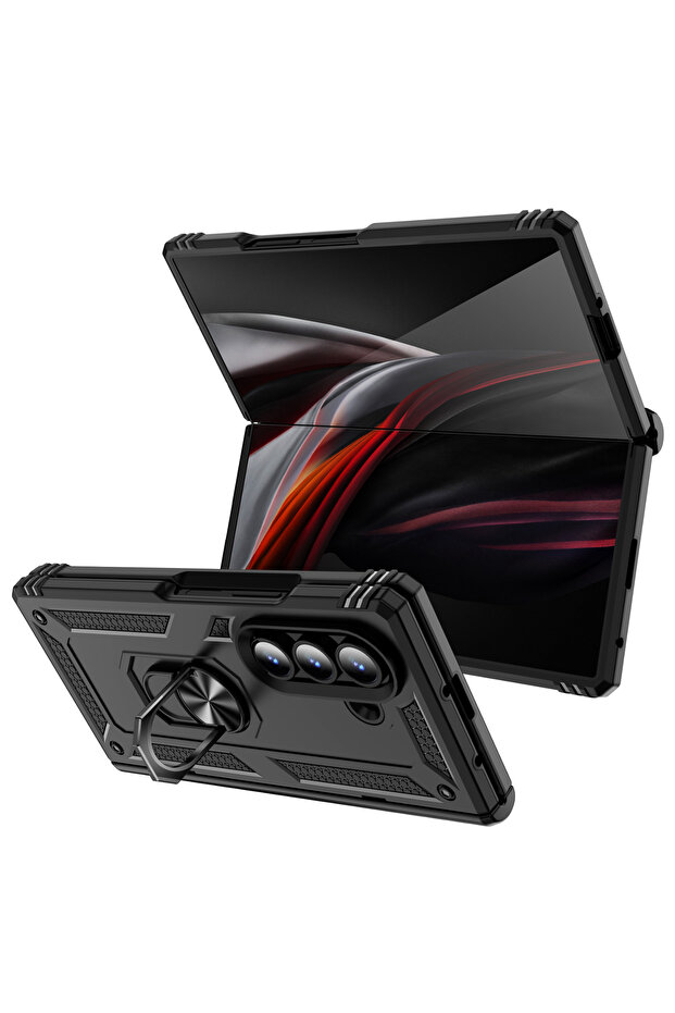 جراب حماية أسود لهاتف Galaxy Z Fold7، متوافق مع Z Fold 7 و6 و5 وFold7 وFold6 وFold5، مع حامل حلقي مقاوم للماء.