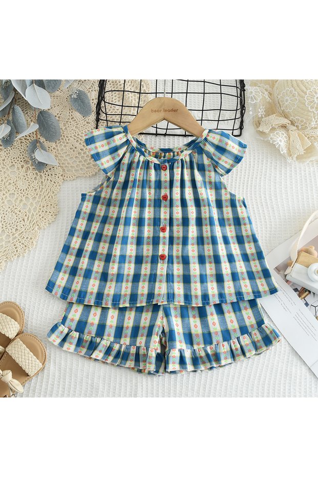 3T TZ258BU Bear Leader Girls' Summer Fashion Set Children's Flower Print Flying Sleeve Top+Shorts Tw