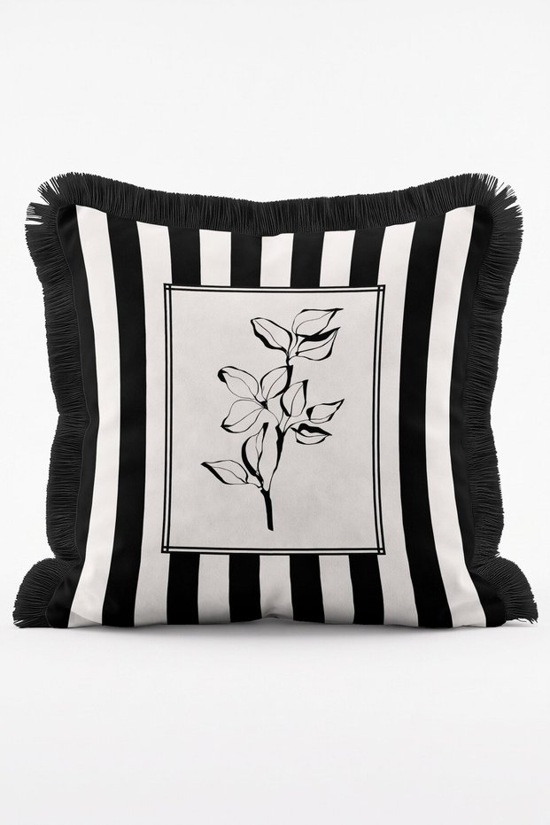 Monochrome Striped Minimalist Leaf and Flower Motif Fringed Throw Pillow Cover