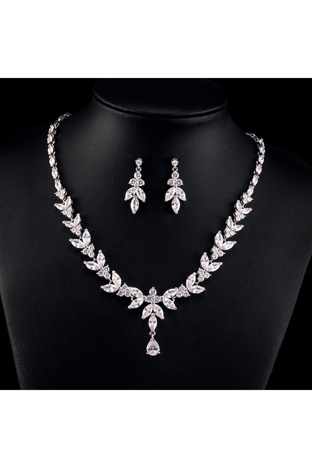 S3181 White ZAKOL Luxury Brilliant Zirconia Leaf Necklace Earrings Rings Bracelets Set for Women CZ