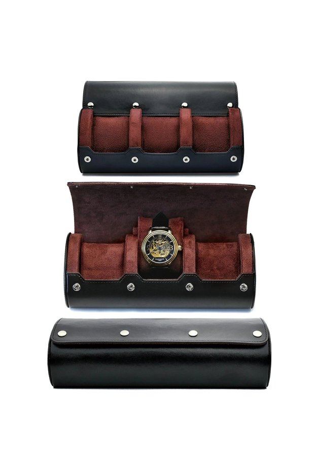 3 Slot Black Red Watch Roll Case Organizer - PU Leather Watch Travel Case for Men and Women - 3 Watc