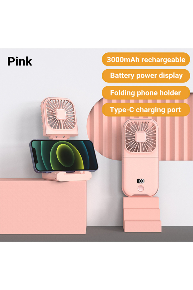 Pink 3000mAh Battery Handheld Outdoor Small Fan Portable Small Halterneck Adjustable Speeds Foldable