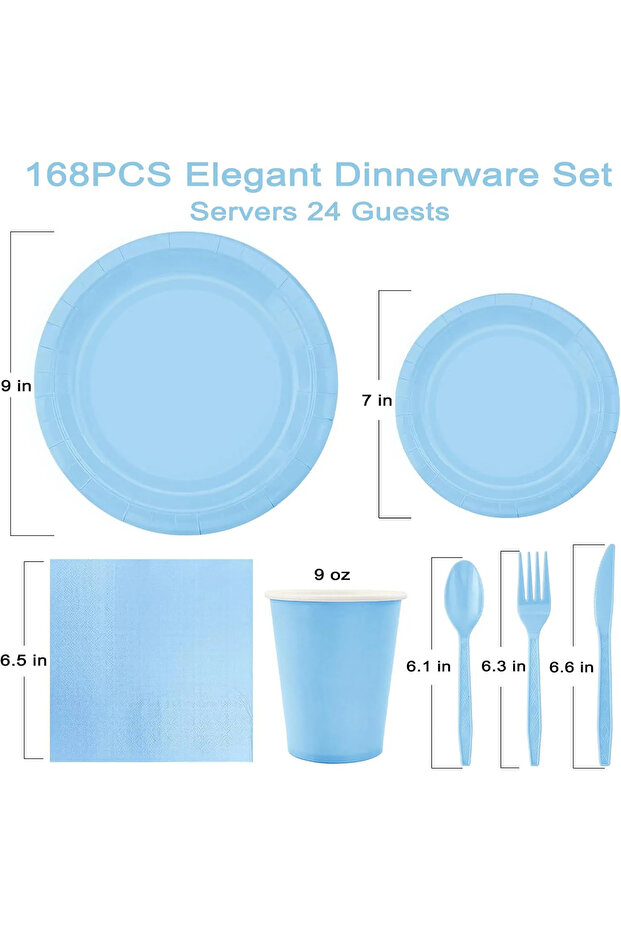 Set-168pcs Solid Light Blue Theme Birthday Super Girls Decorations Party Disposable Tableware Paper