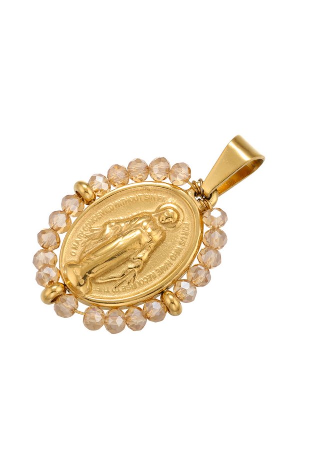 Gold Champagne QMHJE Virgin Mary Pendant Charm Necklace Women Stainless Steel Pearl Choker Beads Cha