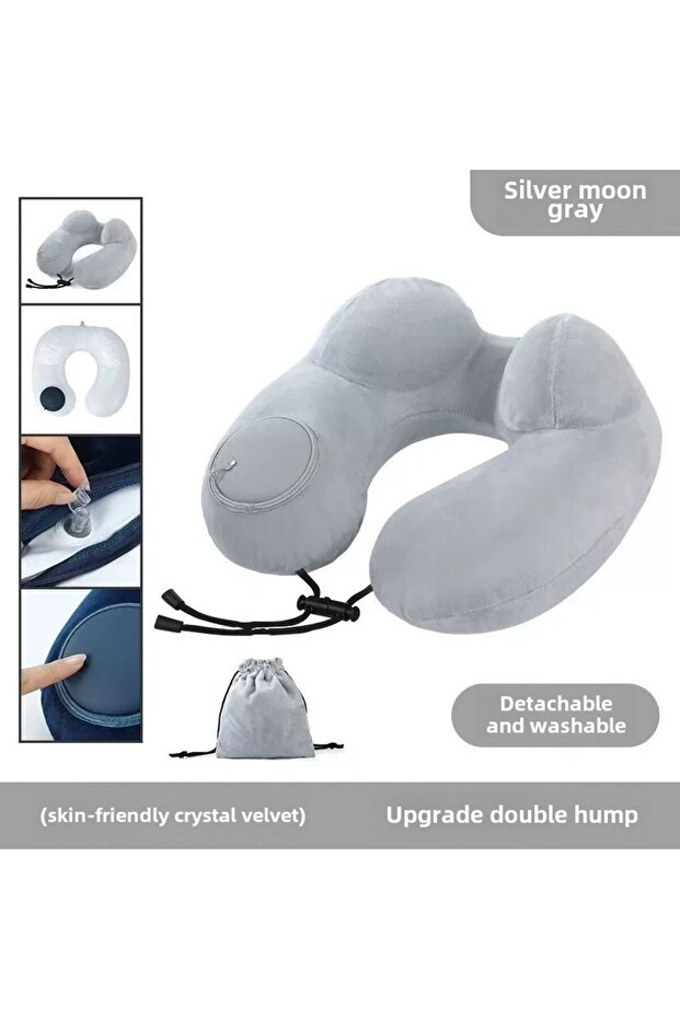 Grey with Bag U-Shaped Comfortable Self-inflating Air Pillow Neck Support Inflatable Airplane Travel