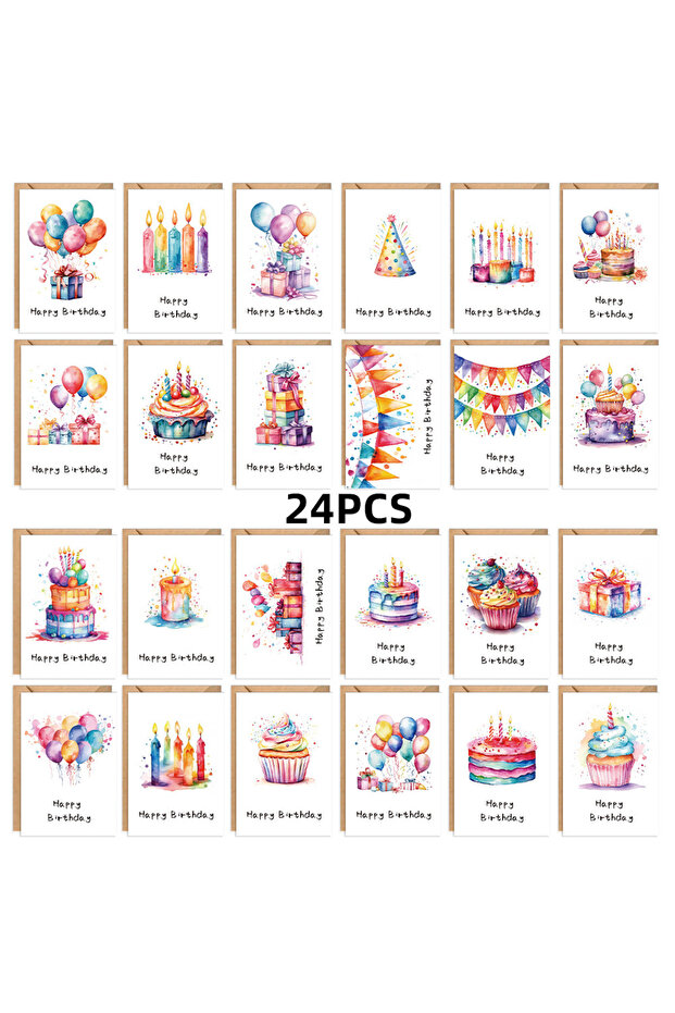 822-24pcs 24 colorful birthday cake pattern greeting card set with envelope - perfect for birthdays,