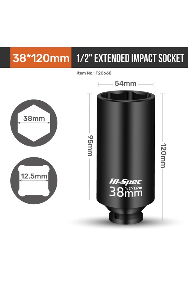 38mm Hi-Spec 1/2" Extra Long Drive Impact Socket CR-MO Pneumatic Sleeve Extension Rod Electric Wrenc