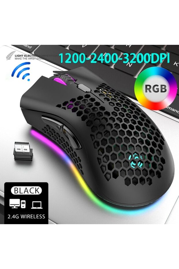 ماوس ألعاب لاسلكي قابل لإعادة الشحن بمنفذ USB 2.4 جيجاهرتز باللون الأسود BM600 مزود بإضاءة RGB وقرص العسل لأجهزة الكمبيوتر المكتبية