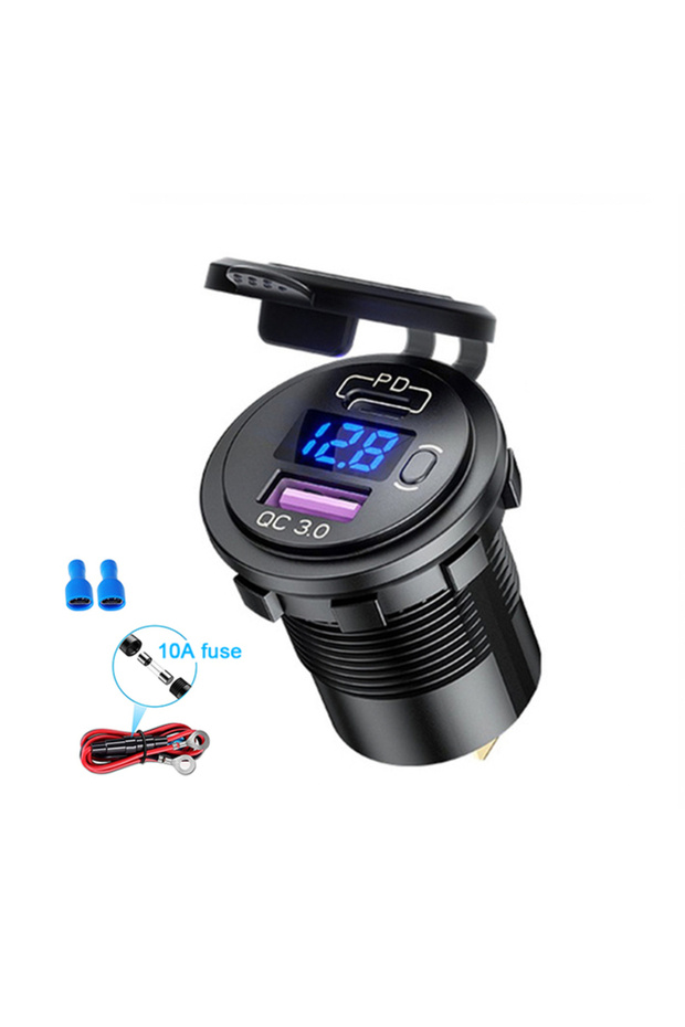 شاحن سيارة USB نوع C أزرق اللون مع سلك، 48 واط، مقبس USB مزدوج 12 فولت/24 فولت، منفذ PD3.0 وQC3.0 للسيارة