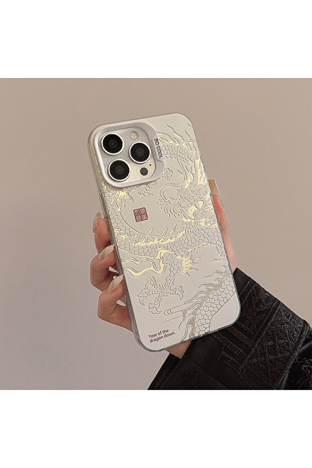 جراب هاتف فاخر من مادة البولي يوريثين الحراري والبولي يوريثين الحراري لهاتف iPhone 15 Pro Max أبيض اللون منقوش عليه رسمة تنين لهاتف iPhone 15 Pro Max Plus 14