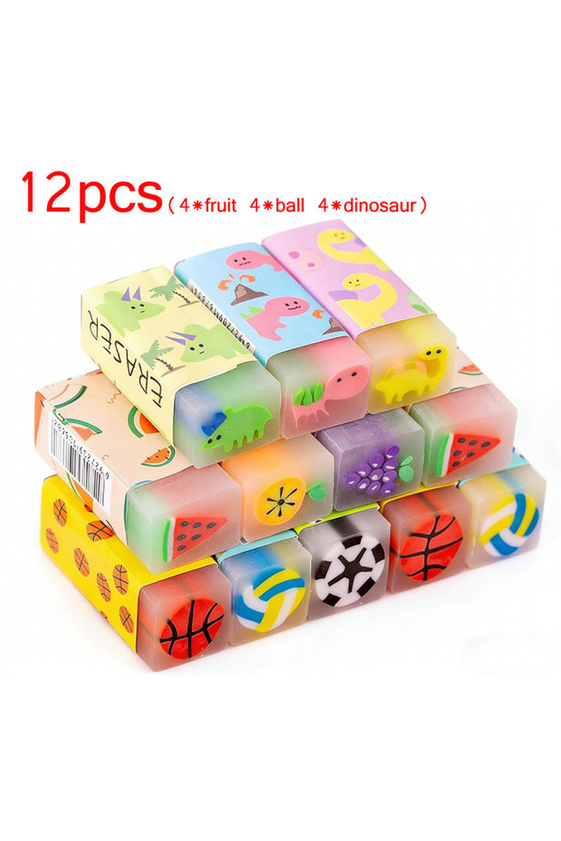 NEW 12pcs set 12pcs/set Cute Pencil Eraser Animal Dinosaur Ball Funny Fruit Eraser Desk Pet Eraser S