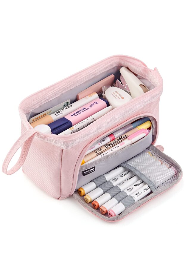 Beige Pink Kawaii Large Capacity Pencil Case Durable Canvas for Student Stationery Double-deck Pen P