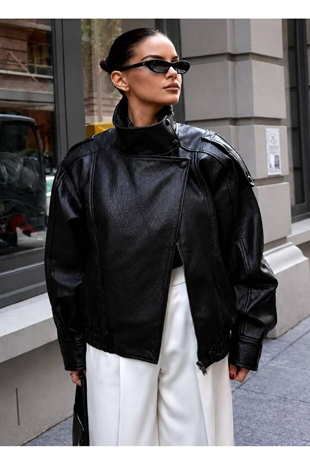 Zr Model Black Oversize Stand Collar Leather Jacket