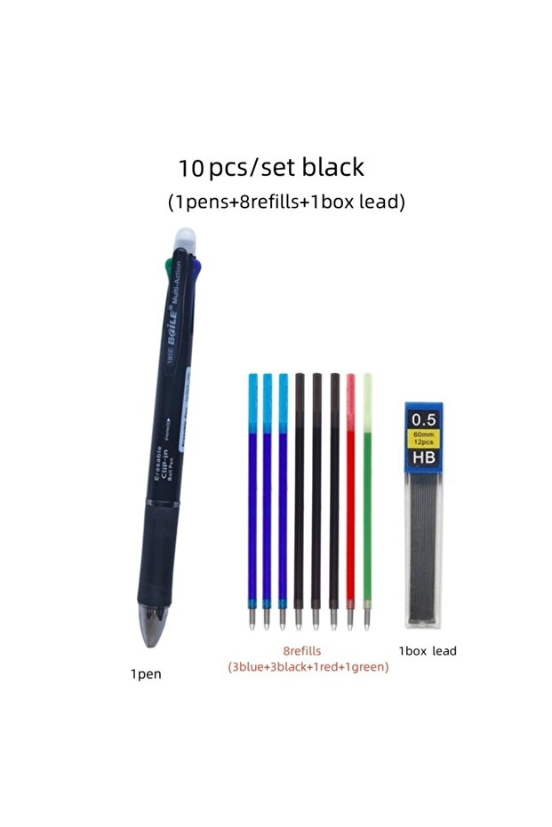 black set 5 In 1 Multicolor Erasable Gel Pen with 4 Colors Replaceable Pen Refill 1 Automatic Pencil