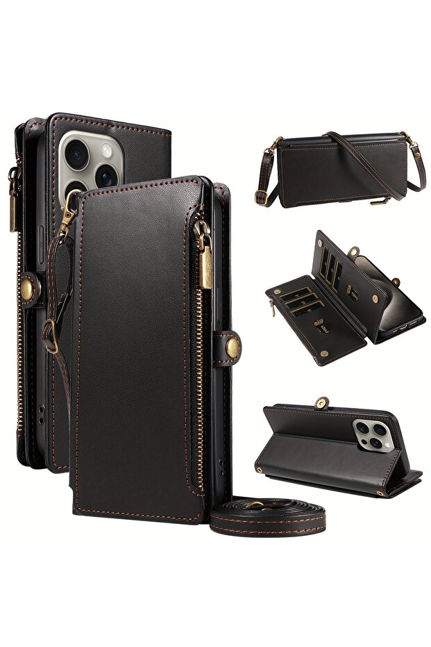 iPhone17 Pro Artificial leather Case & Strap Black For iPhone 17 Pro Max/16/15/14/13 Mobile Phone Ca