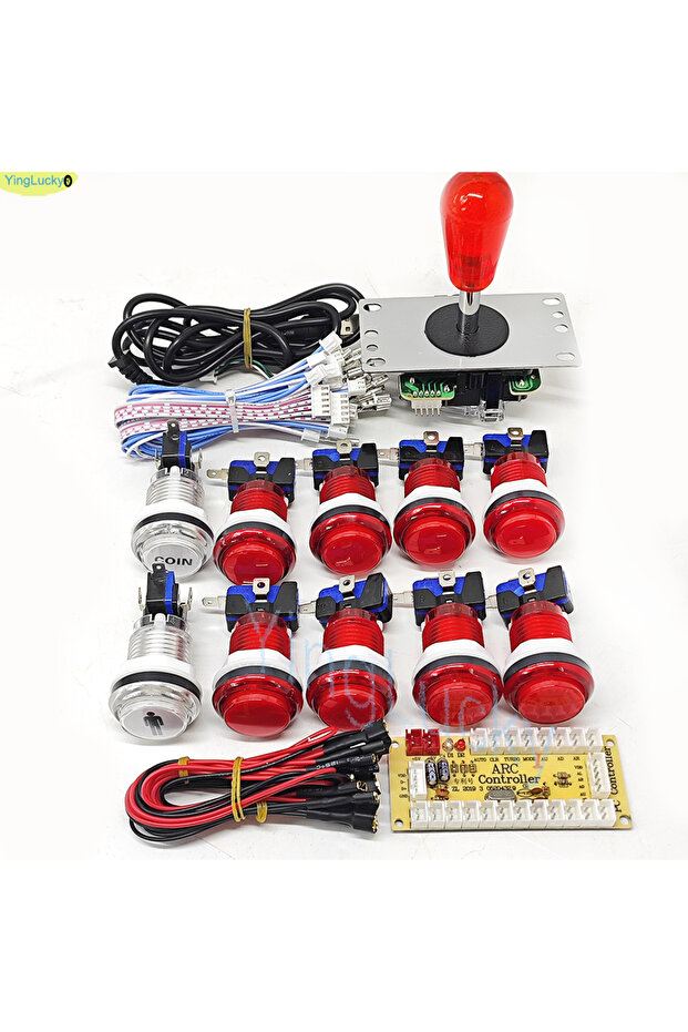 مجموعة ألعاب أركيد DIY للاعبين 2 باللون الأحمر لجهاز كمبيوتر Raspberry Pi مع أزرار ضغط LED على الطراز الأمريكي J