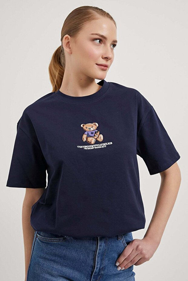 Women's Teddy Bear Embroidery Patterned Summer Navy Loose T-Shirt