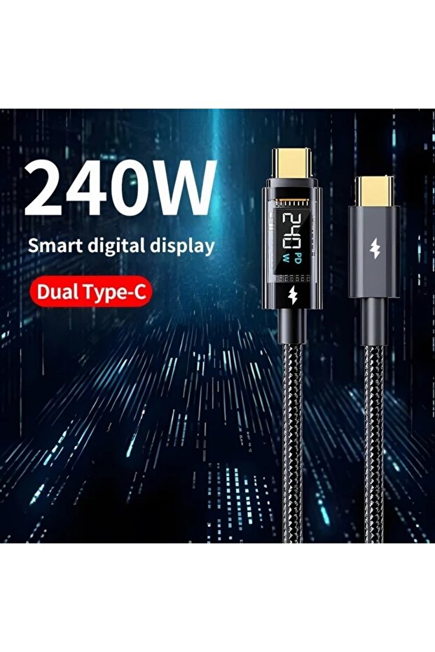 كابل USB-C بطول 2 متر وقوة 240 واط للشحن السريع بتقنية PD، مزود بشاشة عرض رقمية.