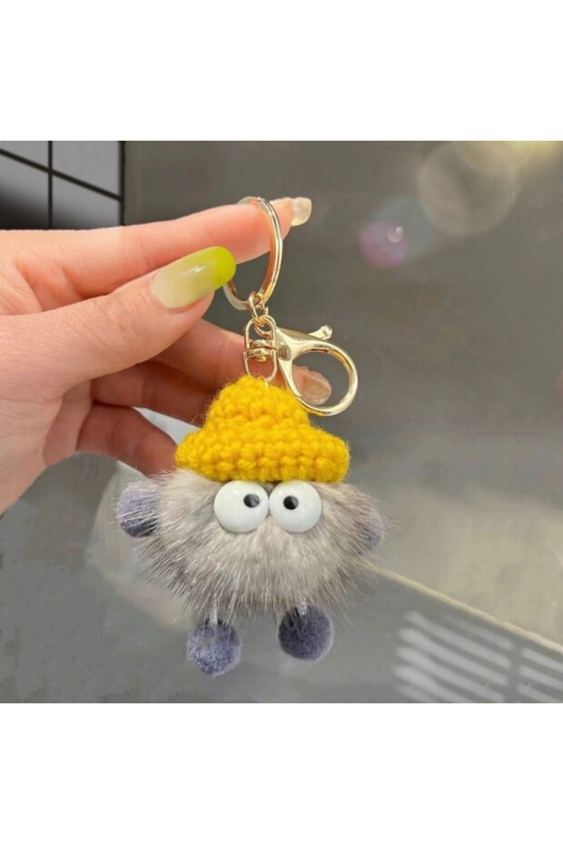 Gray-Yellow Trendy Cute Imitation Mink Small Coal Ball Pendant Keychain Plush Backpack Decoration Gi