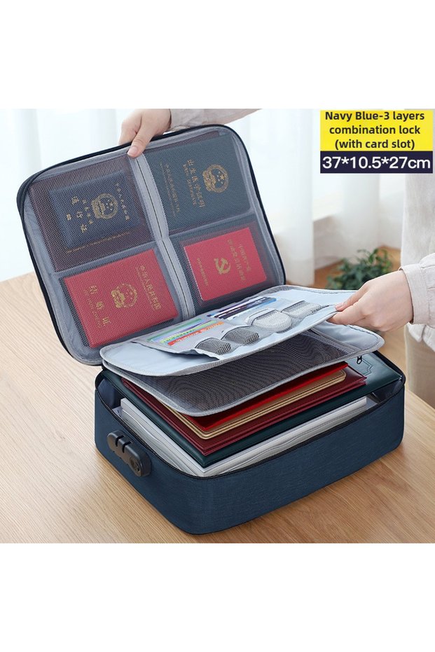 Navy Blue File Pack Multi functional certificates Pack Large Capacity Storage box Handheld Home Lock