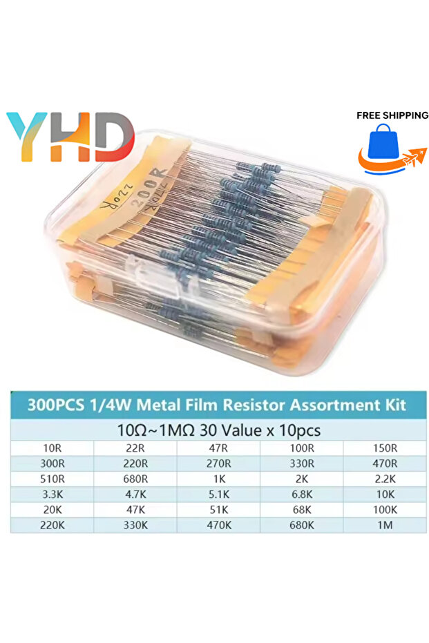 300PCS-box 300/600/2600PCS 1/4W Resistance 1% Metal Film Resistor Kit with Box 1K 10K 100K 220ohm 1M
