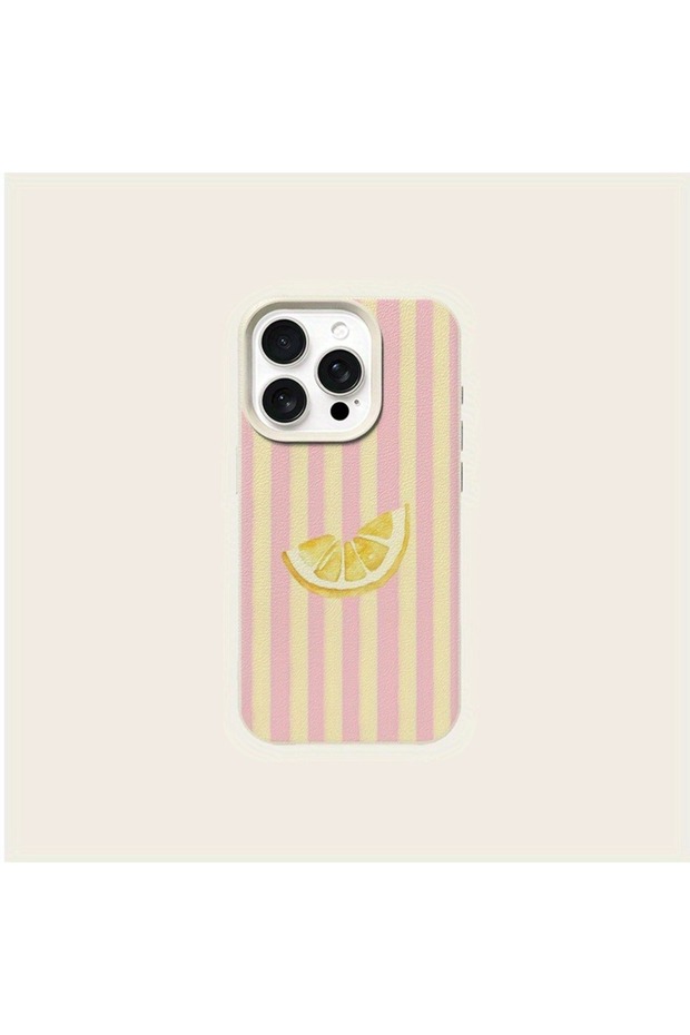 iPhone 15 Ivory Vintage Striped Orange Pattern Lychee Texture Phone Case, Suitable for iPhone 17, 16