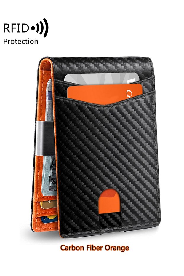 QB337-CarbonOrange0 Men's Slim Thin Minimalist Front Pocket Wallets Men RFID Blocking Protected Port