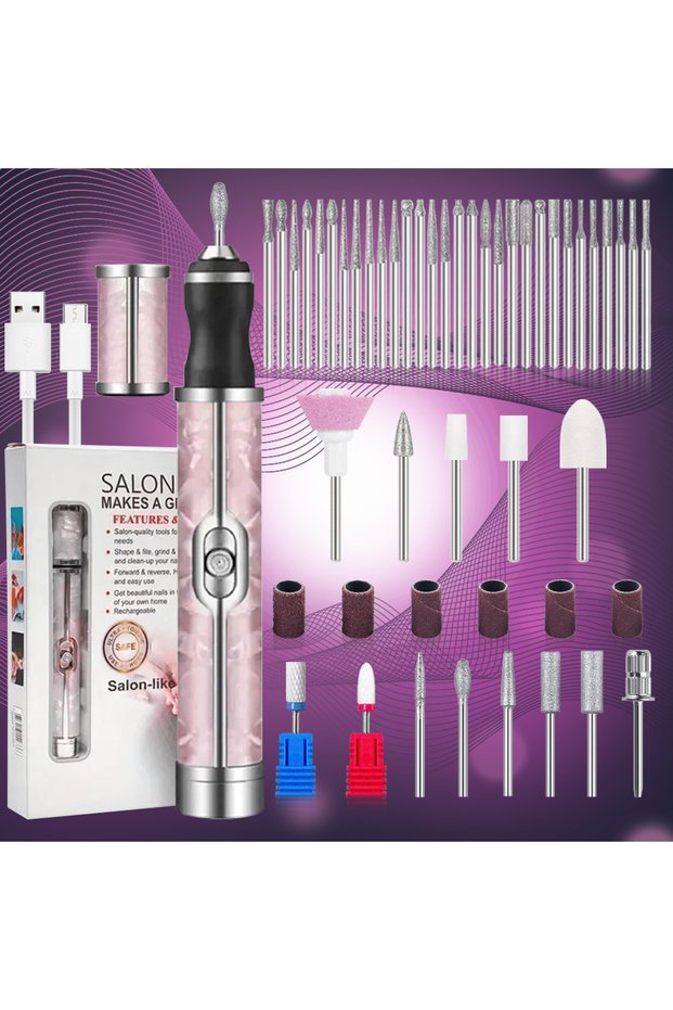 Pink Pro Electric Nail File Set Nails 4 Speeds Cordless Acrylic Nail Tool Thick Nails Edge Shaping P