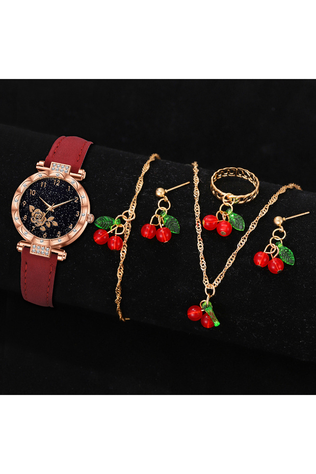 Red B 5/6 PCS/Set Red Women's Watch With Minimalist Elements Dial Quartz Watch Latex Strap Cherry El
