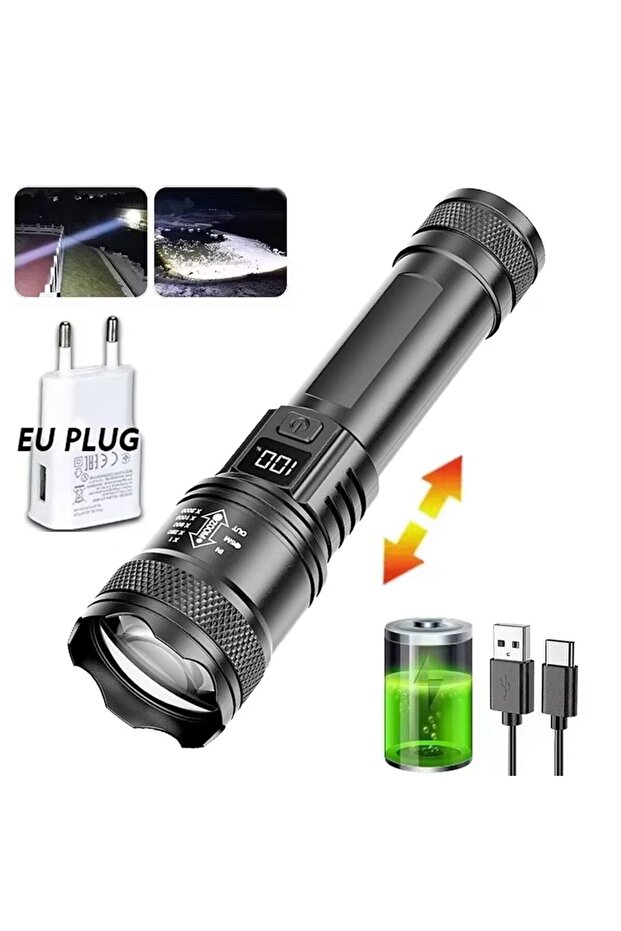 مصباح يدوي ZOOM P50 مزود بقابس أوروبي، مصباح LED عالي الطاقة بقوة 2000 لومن، مصباح تكتيكي بشاشة عرض L
