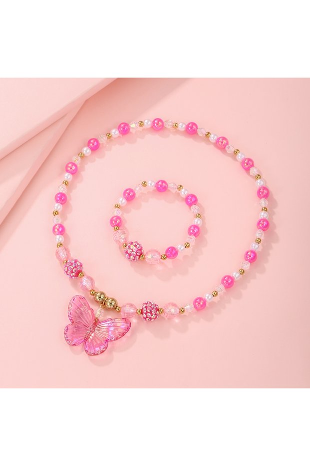 QT011-02 2Pcs/set Pink Butterfly Charm Necklace Bracelet Princess Girl Jewelry Set for Daughter Niec