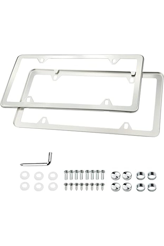 Silver Universal American License Plate Frame With Screws Washer Caps Number Plate Car Stainless Pla